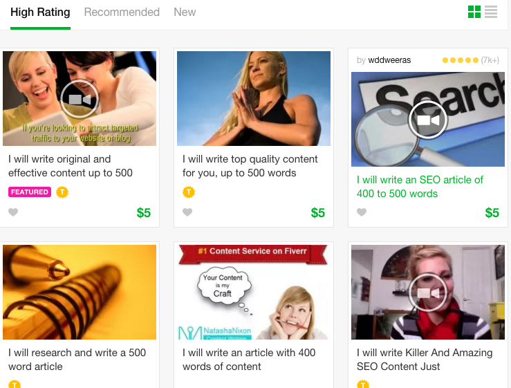 Article gig listings in Fiverr's organic search results