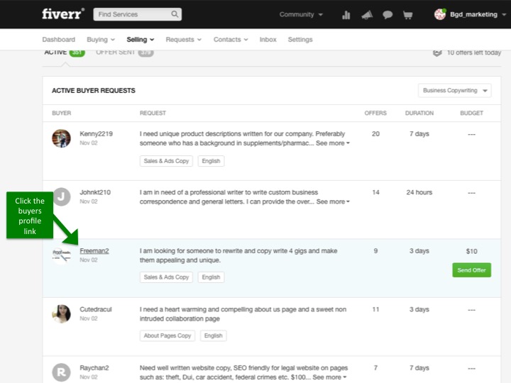 Fiverr buyer request profile layout