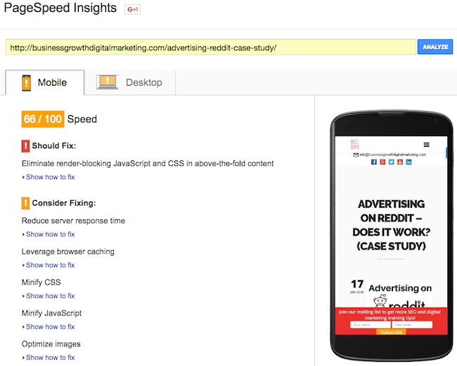 Google Page Speed Insight Test